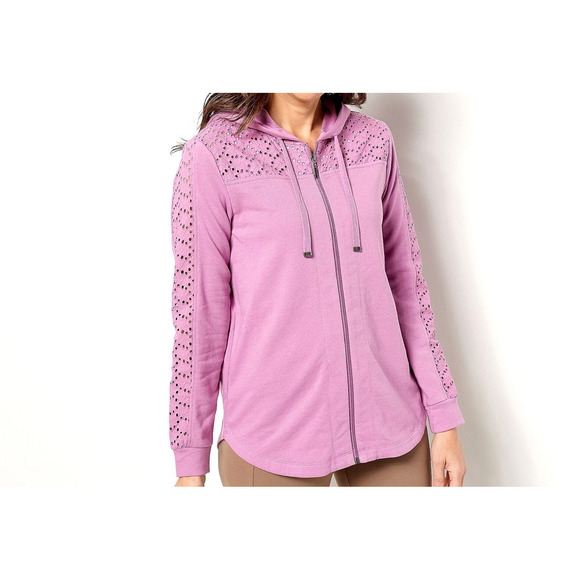 Susan Graver Tops - Susan Graver Washed French Terry Zip-Front Hoodie w/Lace - Muted Lilac, Small